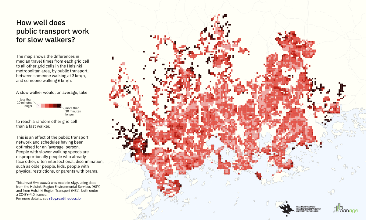 A map showing the Helsinki metropolitan area, and how walking slowly changes the efficieny of the public transport network.